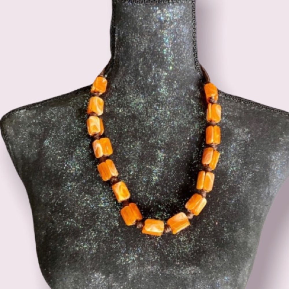 Vintage Orange Rectangular Beads on Cord Necklace